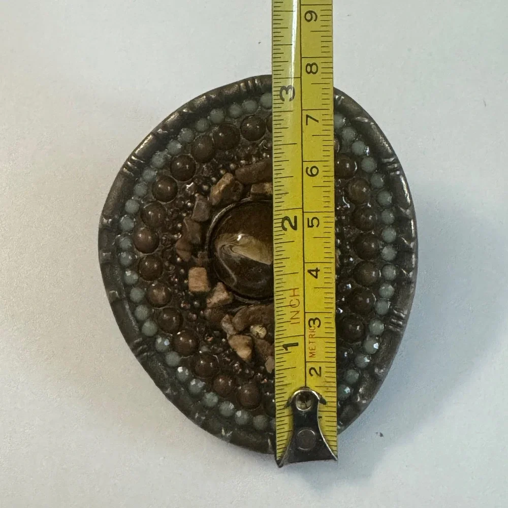 Vintage Mosaic Stone Belt Buckle Western Boho Tiger Eye Cabochon Bronze Oval